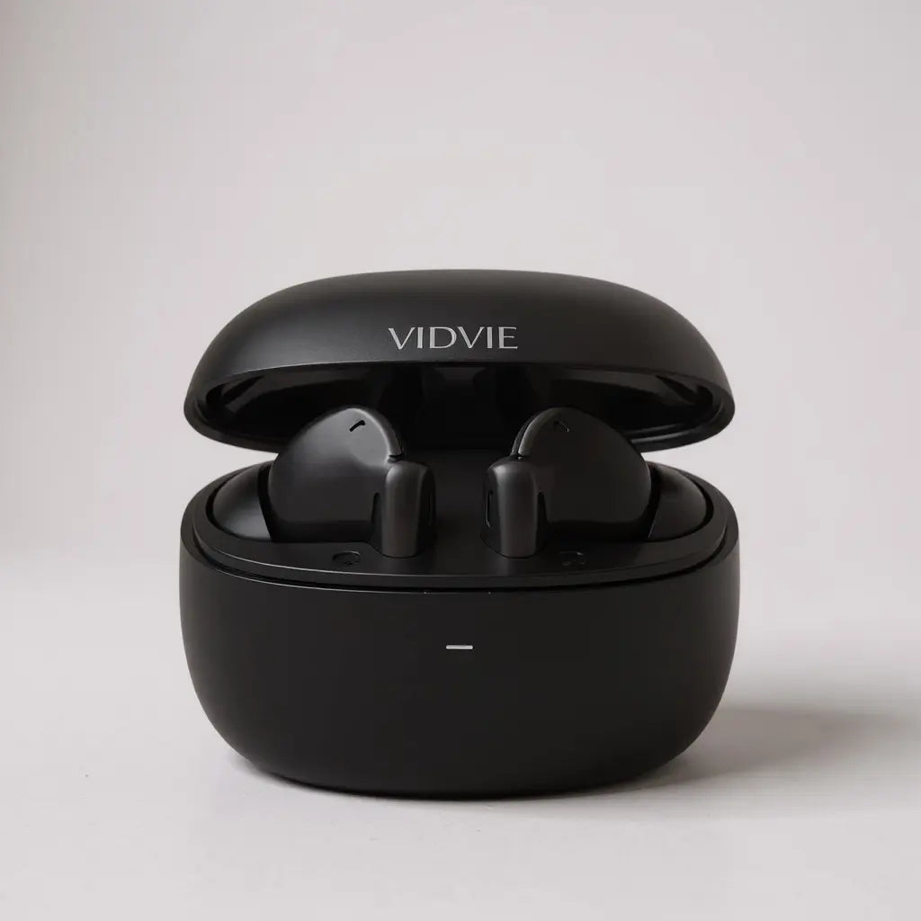 Caja de auriculares con cancelacion de ruido en color negro de la marca VIDVIE