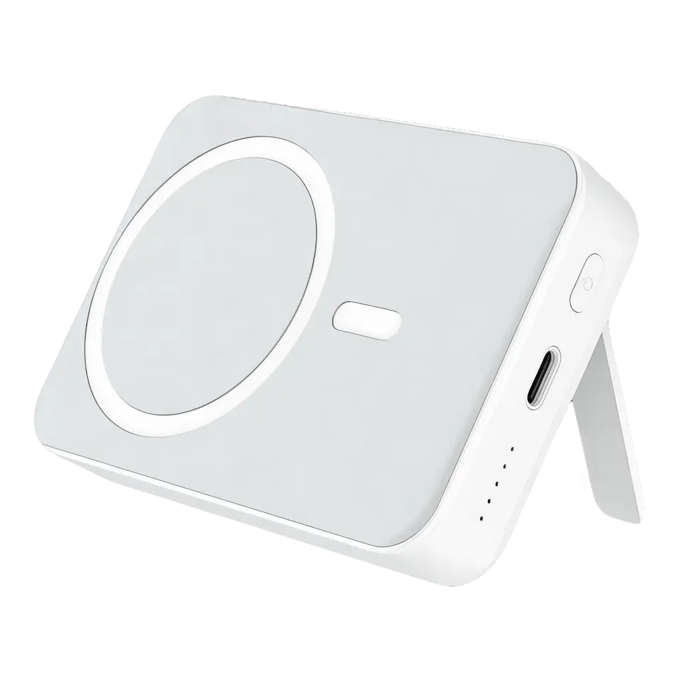 Cargador portátil con magsafe para iPhone - vista diagonal - resalte de soporte trasero