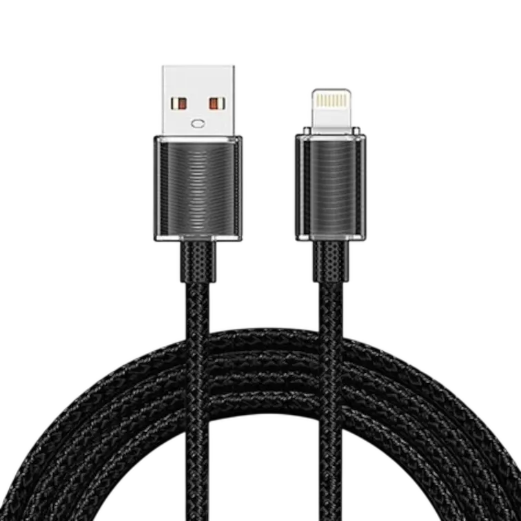Cable USB-lightning EN COLOR NEGRO - VISTA FRONTAL DETALLADA - CABLE TRENZADO