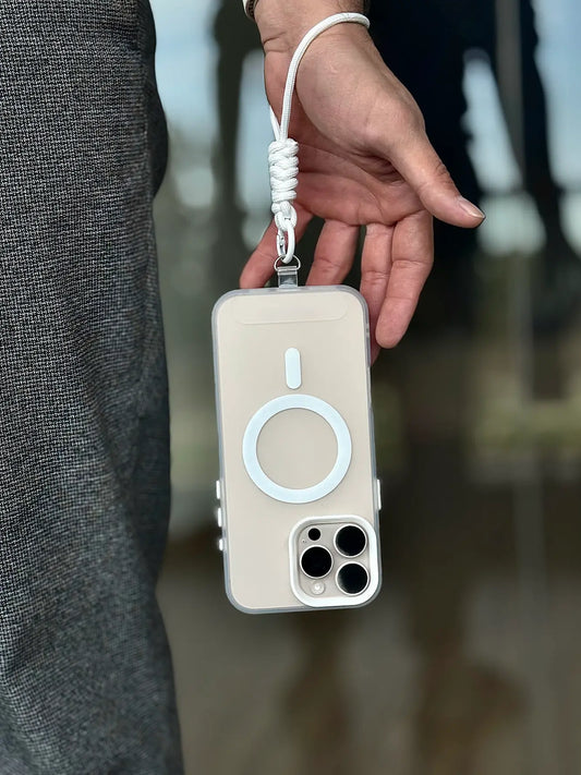 Funda antigolpe magsafe compacta suspendida con agarre de lanyard de mano - color blanca
