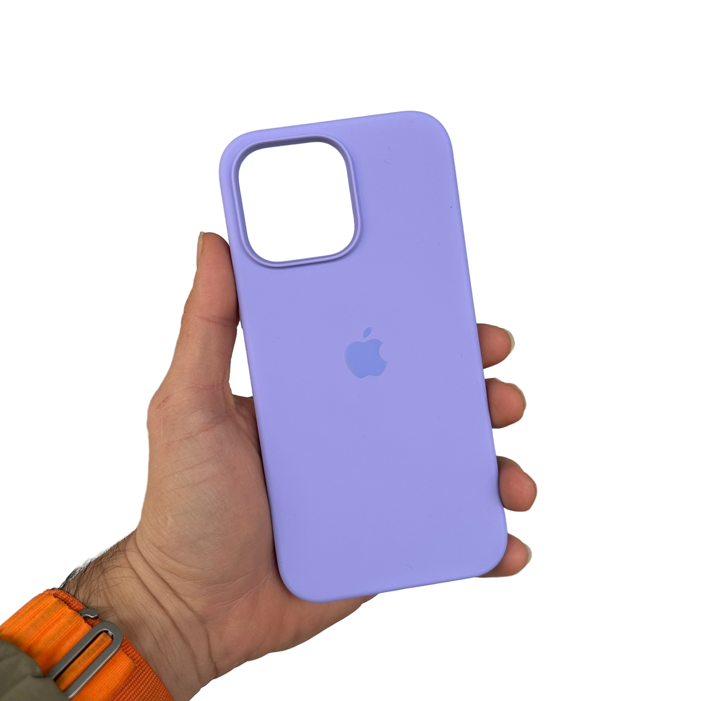 Muestra de carcasa de silicona sostenida en color lila