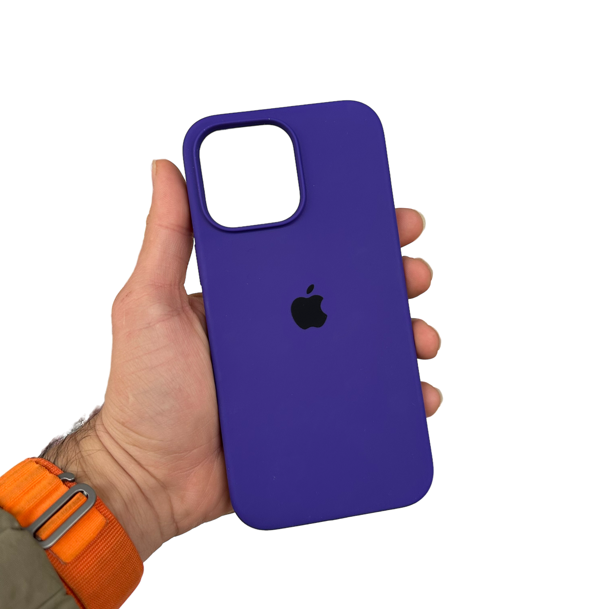 Carcasa morado oscuro sostenida en mano para iPhone 15 Pro Max