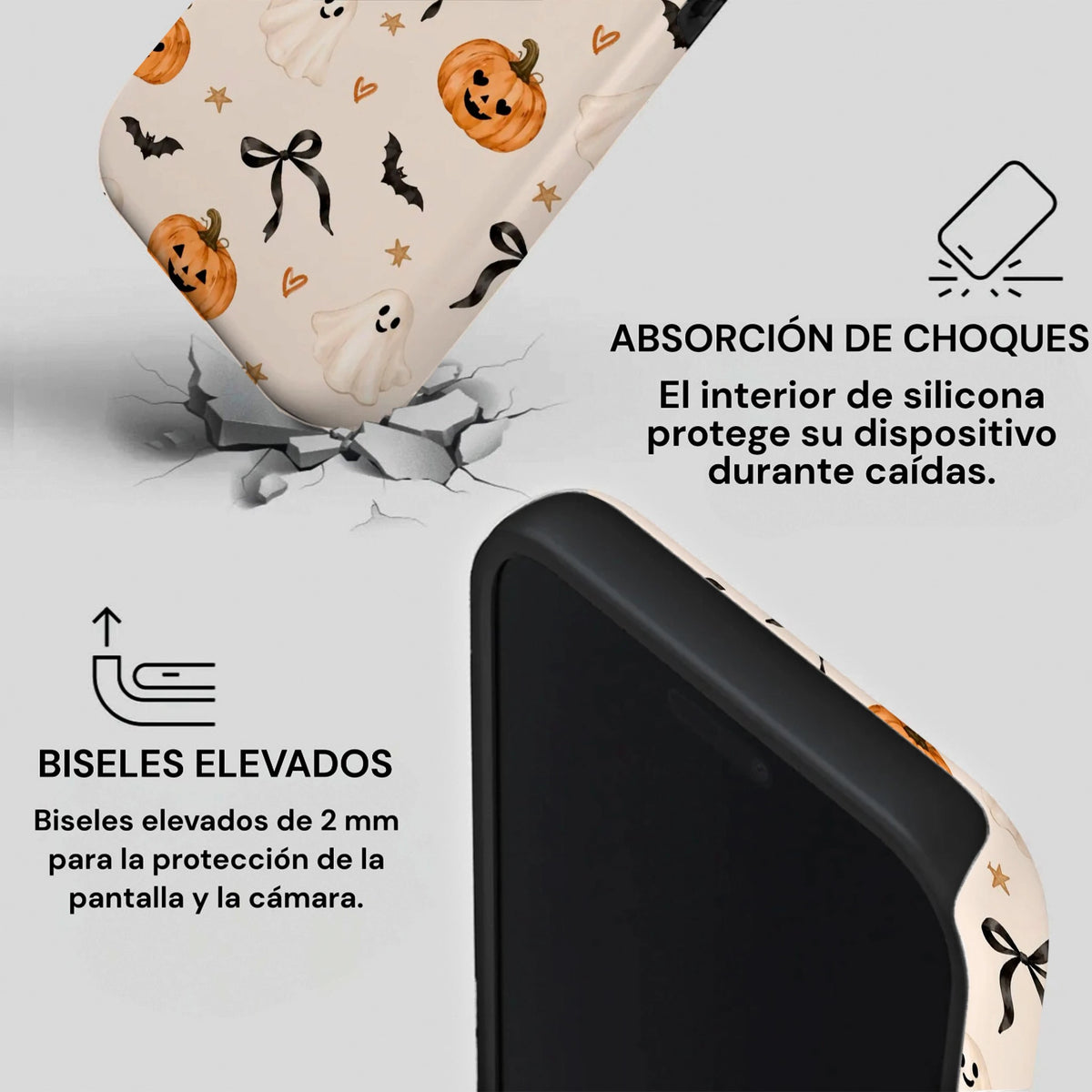 Detalle de carcasa antigolpes para iPhone con bordes elevados y diseño cute de fantasmas y calabazas.