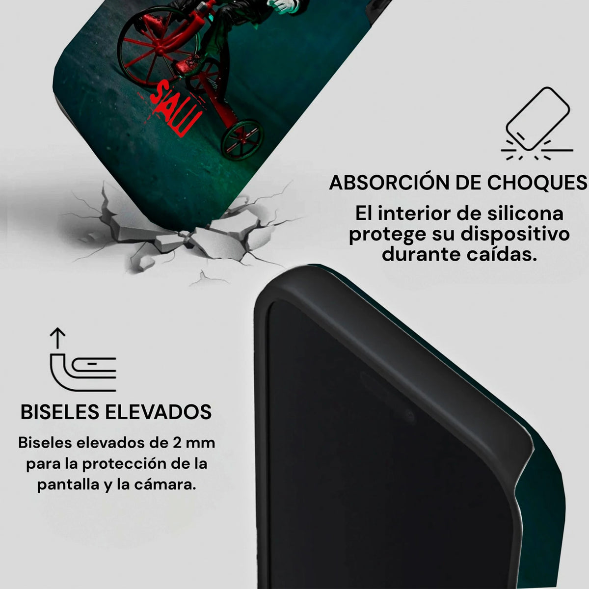 Gráfico de protección de la carcasa SAW Two Protect que muestra la absorción de impactos y los biseles elevados para pantalla y cámaras.