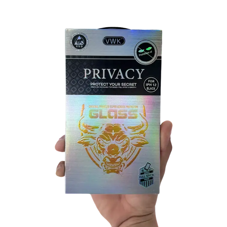 Lámina de vidrio antiespía premium para iPhone - vista frontal desde el empaque