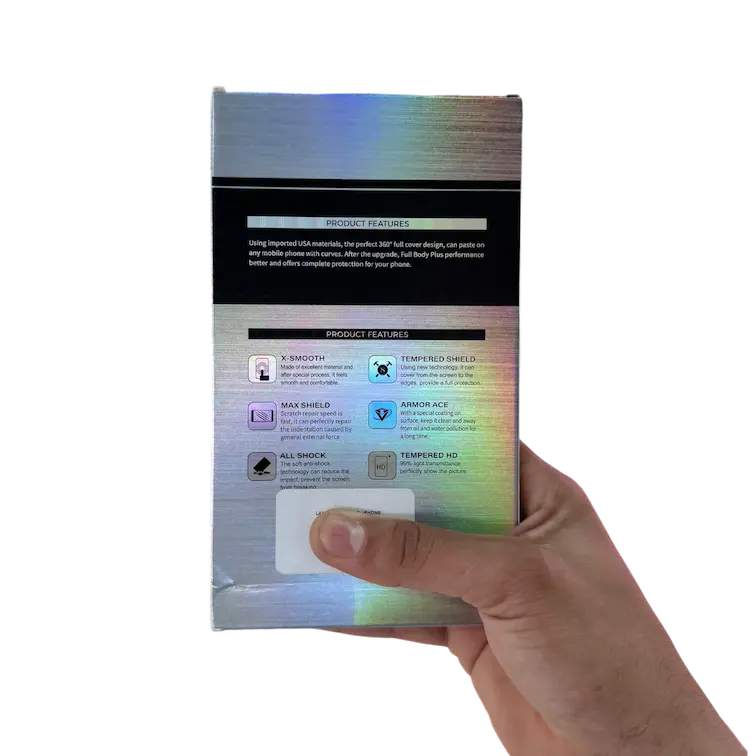 Caja con vista posterior de la mica antiespía premium para iPhone