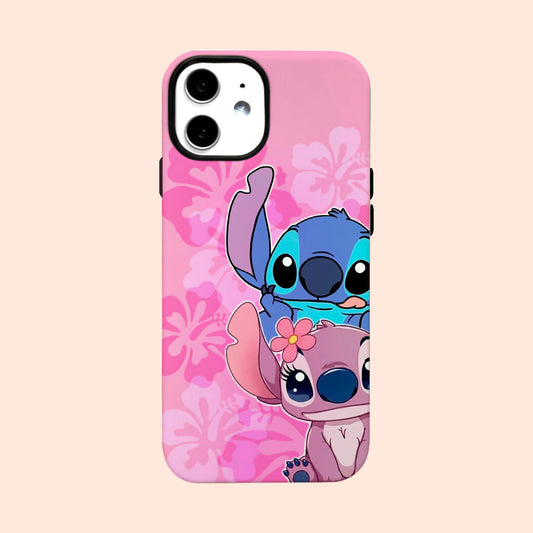 Carcasa Stitch y Angel con fondo rosado de flores tropicales para iPhone
