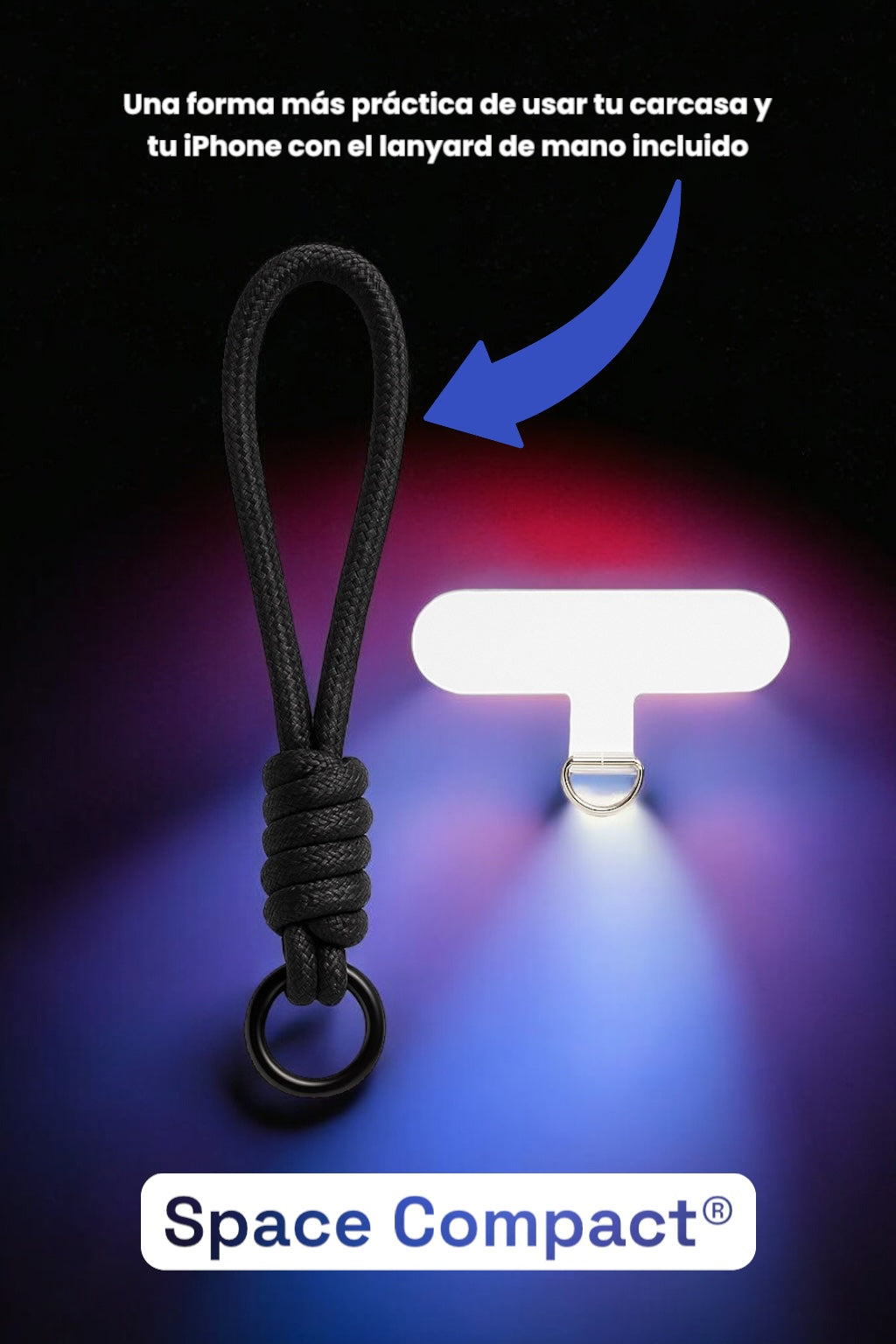 Lanyard de mano en color negro - se destaca el uso - junto a etiqueta para uso - carcasa space compact