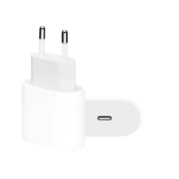 Adaptador de corriente de 20w en fondo blanco - vista frontal e inferior