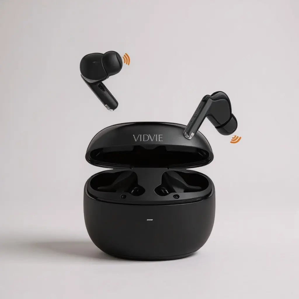 Muestra de uso de los auriculares vidvie en color negro con cancelacion de ruido