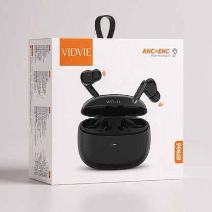 Empaque desde la vista frontal en color negro de los auriculares vidvie tws noise reduction