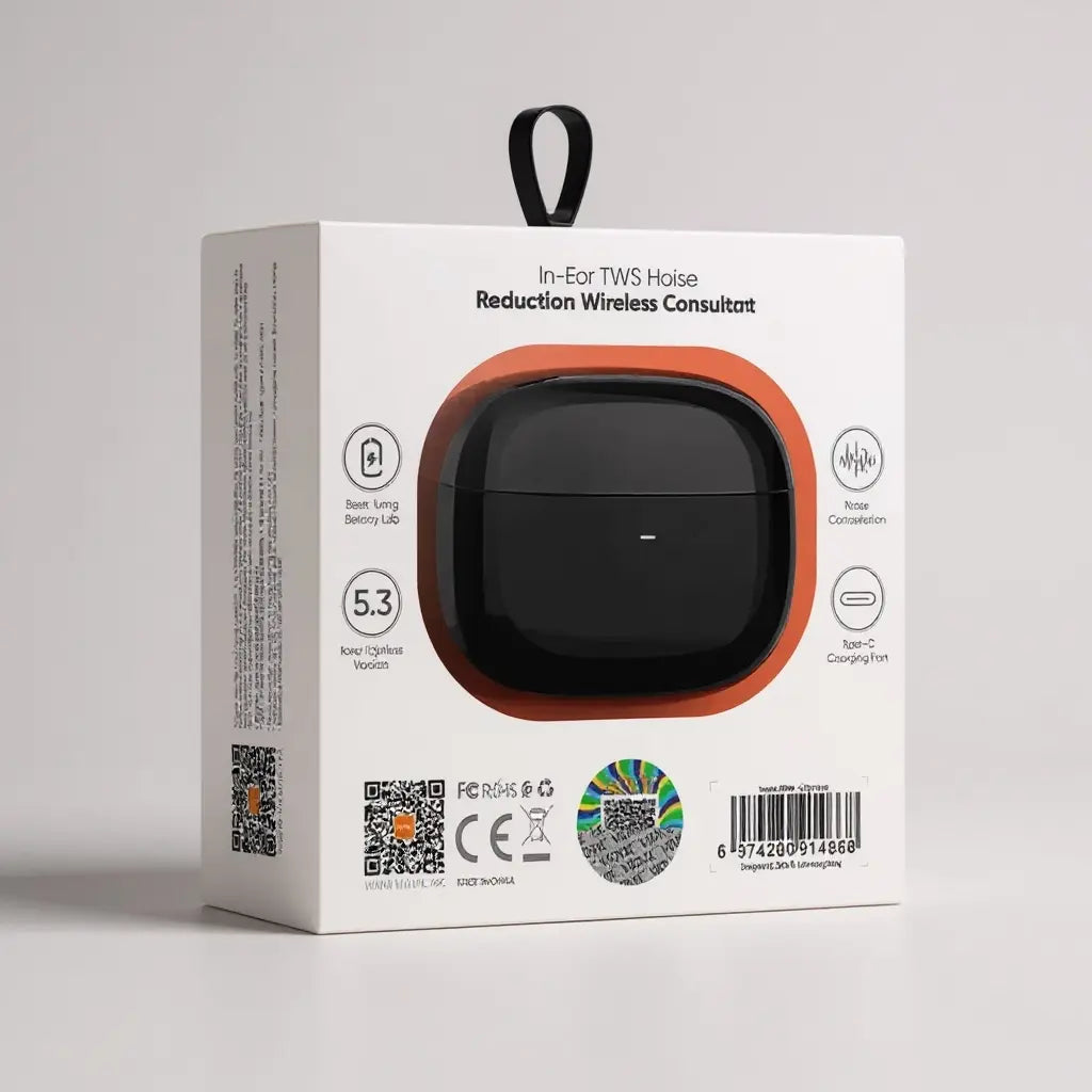 Empaque desde la vista traseraen color negro de los auriculares vidvie tws con detalles técnicos
