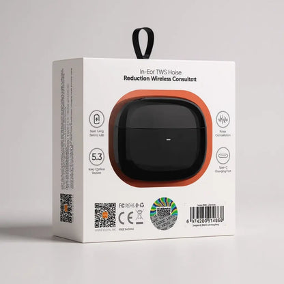 Empaque desde la vista traseraen color negro de los auriculares vidvie tws con detalles técnicos