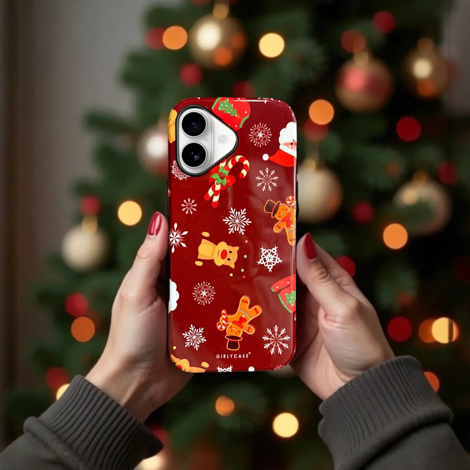 Case de diseño navideño para iPhone 17 en color vino