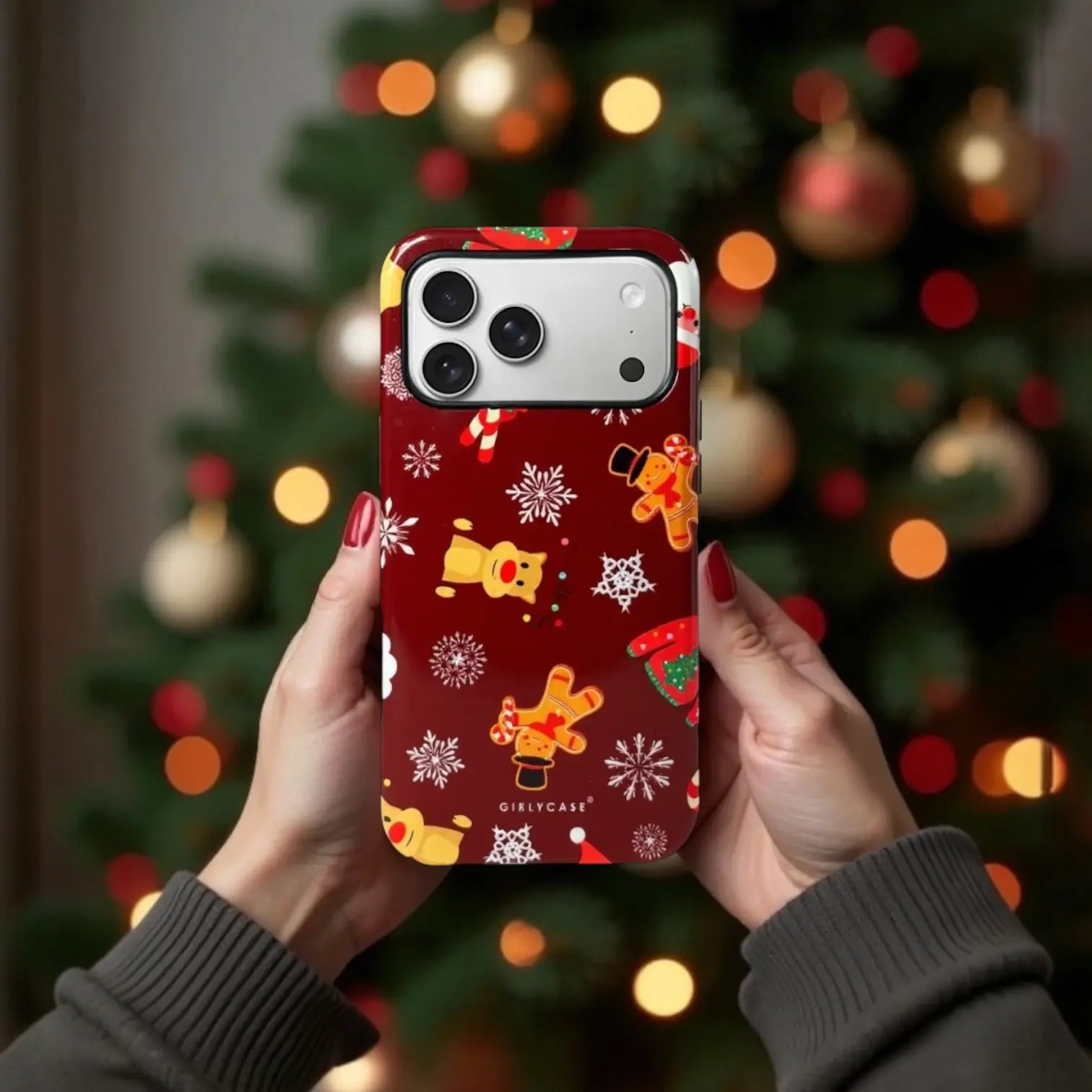 Funda de doble protección en color vinotinto con diseño premium de navidad para iPhone 17 Pro Max