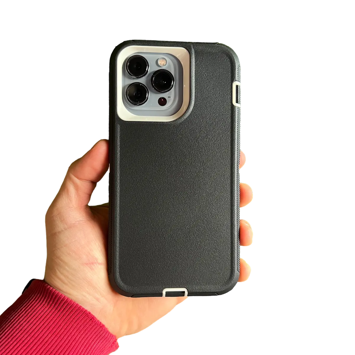 Shield Compact para iPhone en color negro con blanco - vista de calce y resistencia