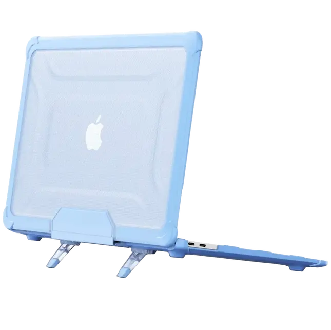Funda resistente con resalte de protectores de esquinas reforzados y soportes de escritorio visibles