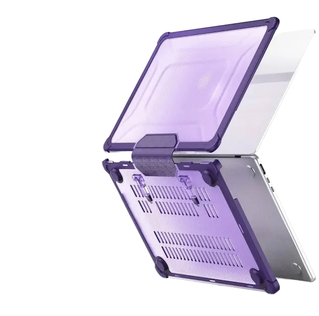 Protector para macbook morado - forma en la que abre y calza en el Mac