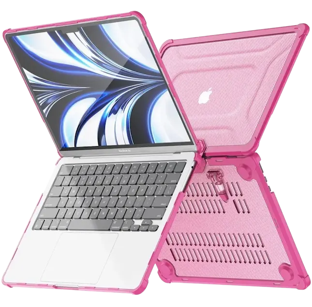 Funda súper resistente para Macbook en color rosado - detalles frontales y traseros