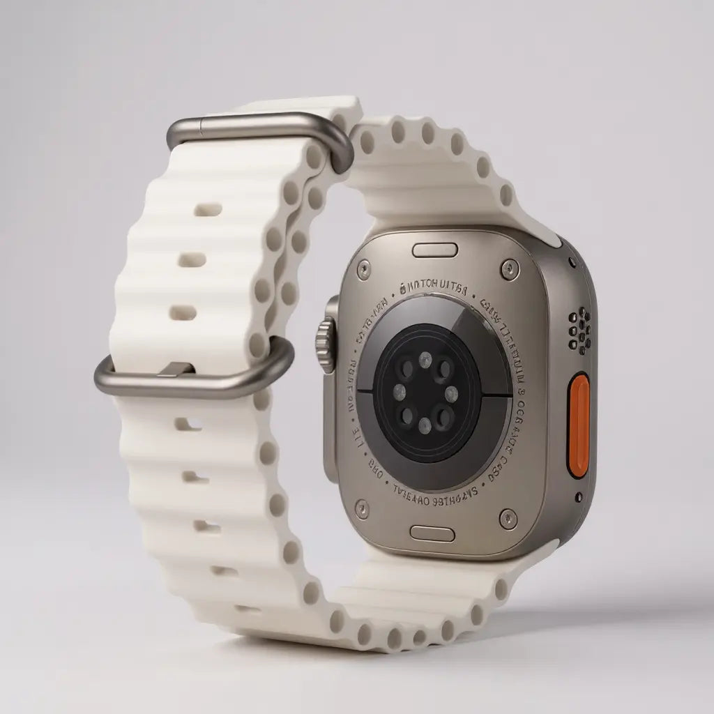 Correa blanca deportiva para Apple Watch en vista trasera con dispositivo puesto