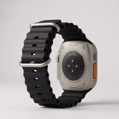 Vista trasera de la correa negra de silicona para Apple Watch