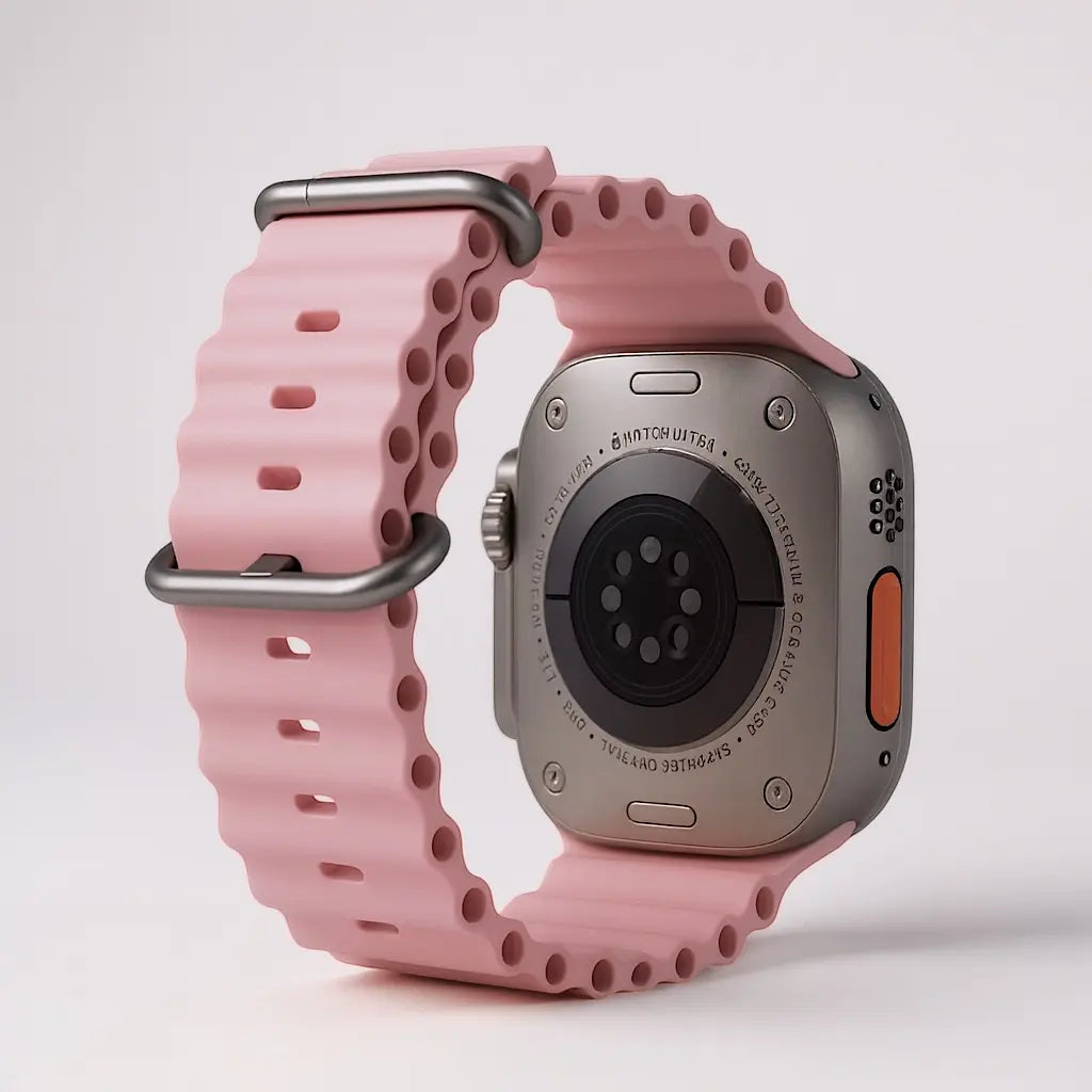 Vista trasera de la correa deportiva para Apple Watch en color rosa