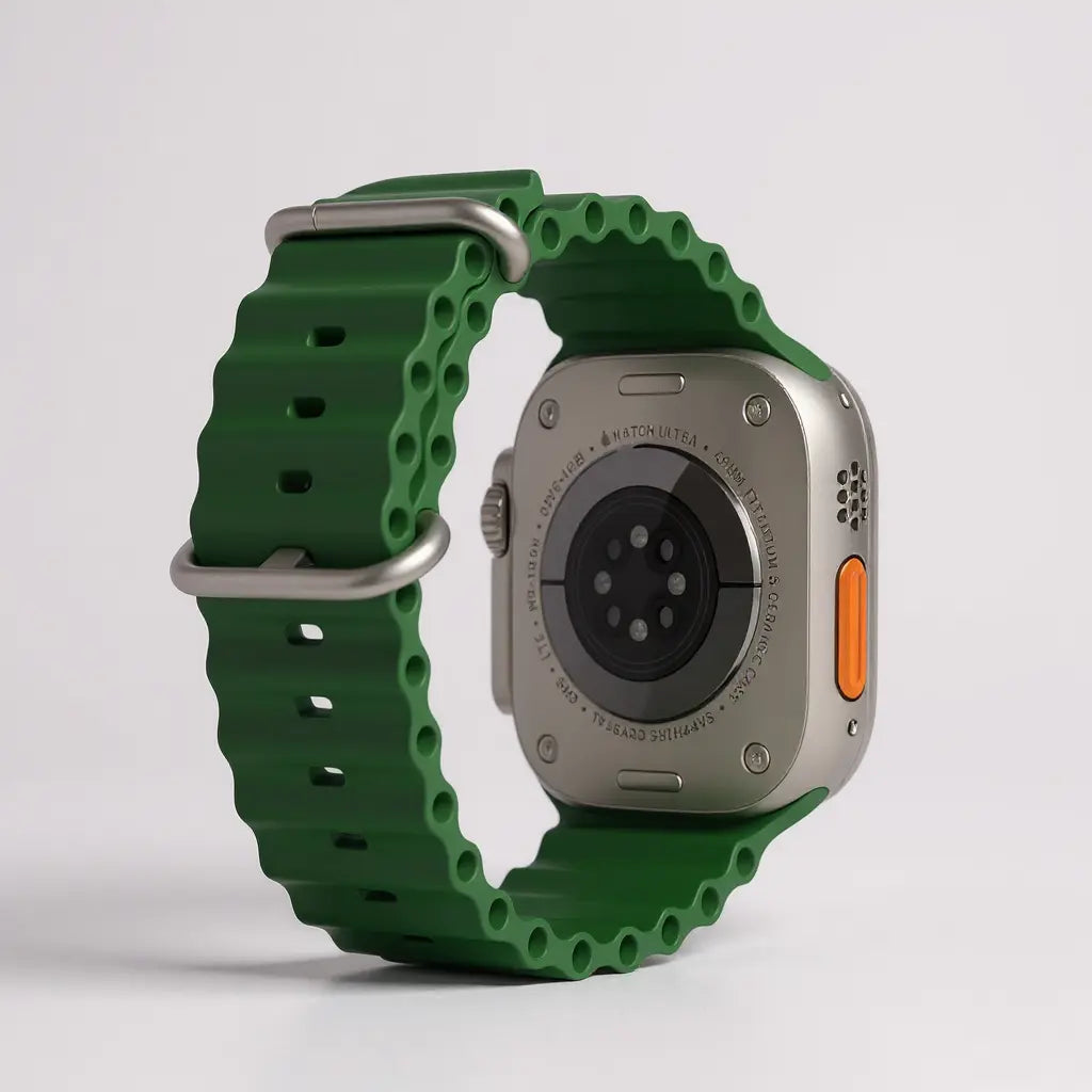 Correa en color verde desde la vista frontal puesta en apple watch