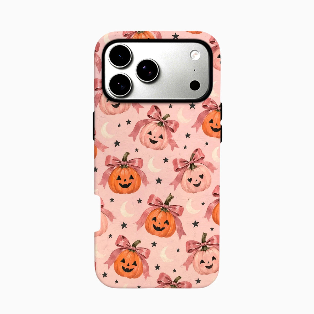 Carcasa rosa Halloween Cute para iPhone con calabazas sonrientes, lazos, lunas y estrellas.