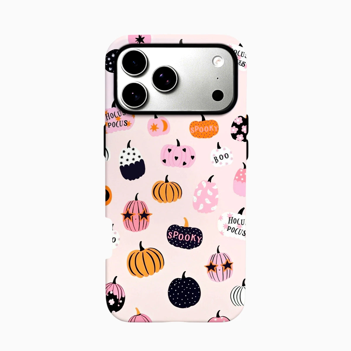 Carcasa rosa de Halloween para iPhone con calabazas de colores, corazones y frases Spooky, Boo y Hocus Pocus.