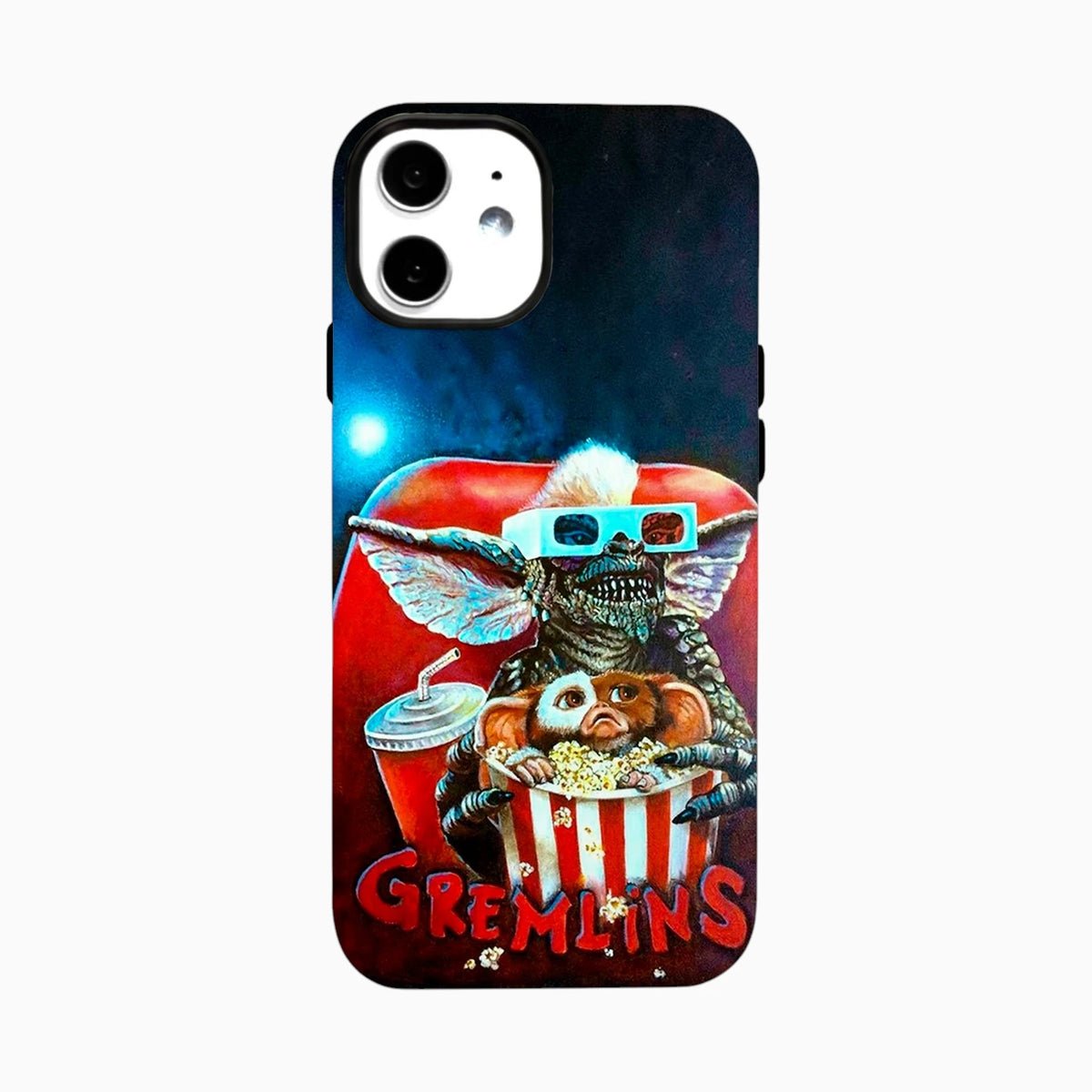 Carcasa Gremlins para iPhone con Gizmo, gremlin con gafas 3D y palomitas de maíz en una sala de cine.