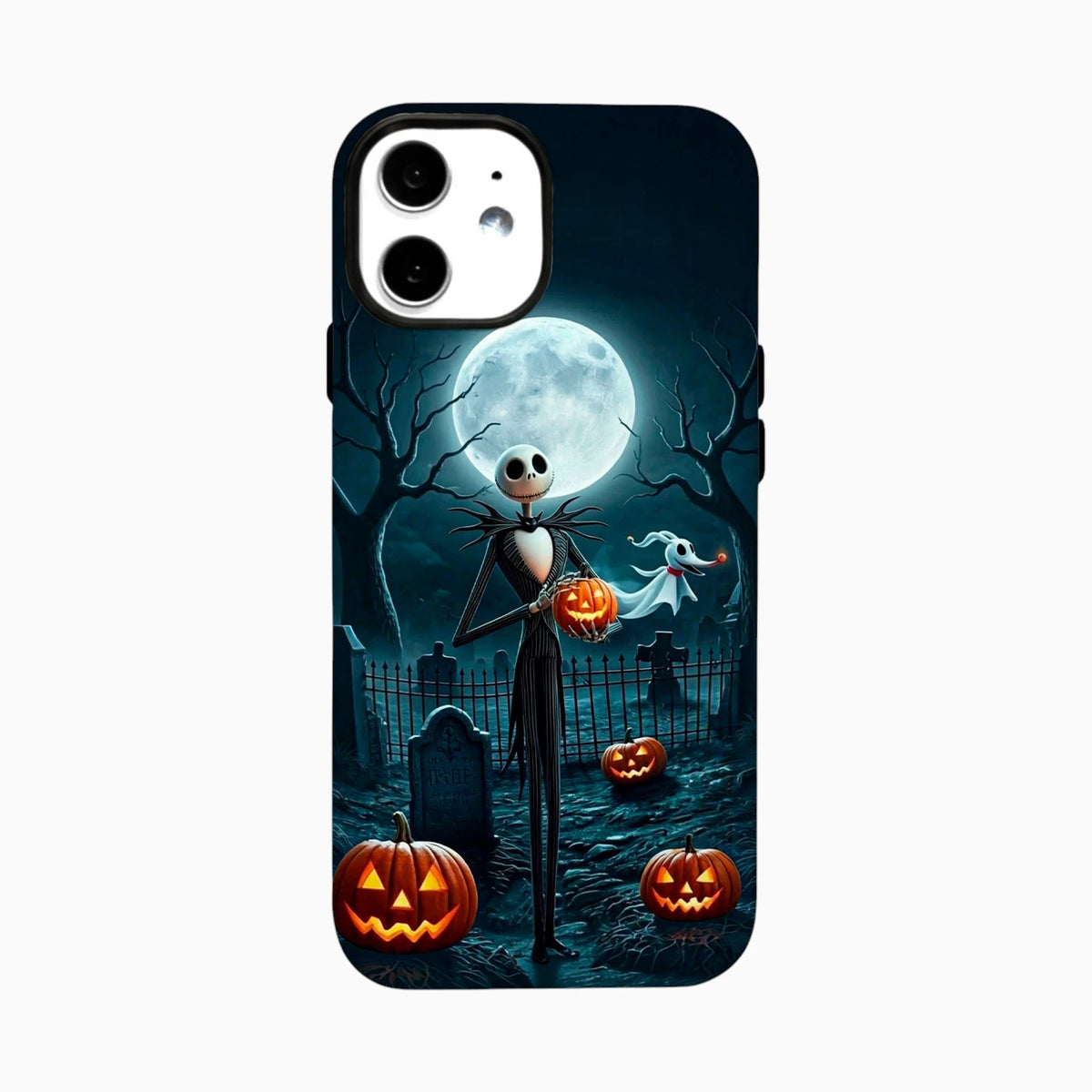 Carcasa Jack Skellington para iPhone con luna llena, calabazas y escenario nocturno de Halloween.