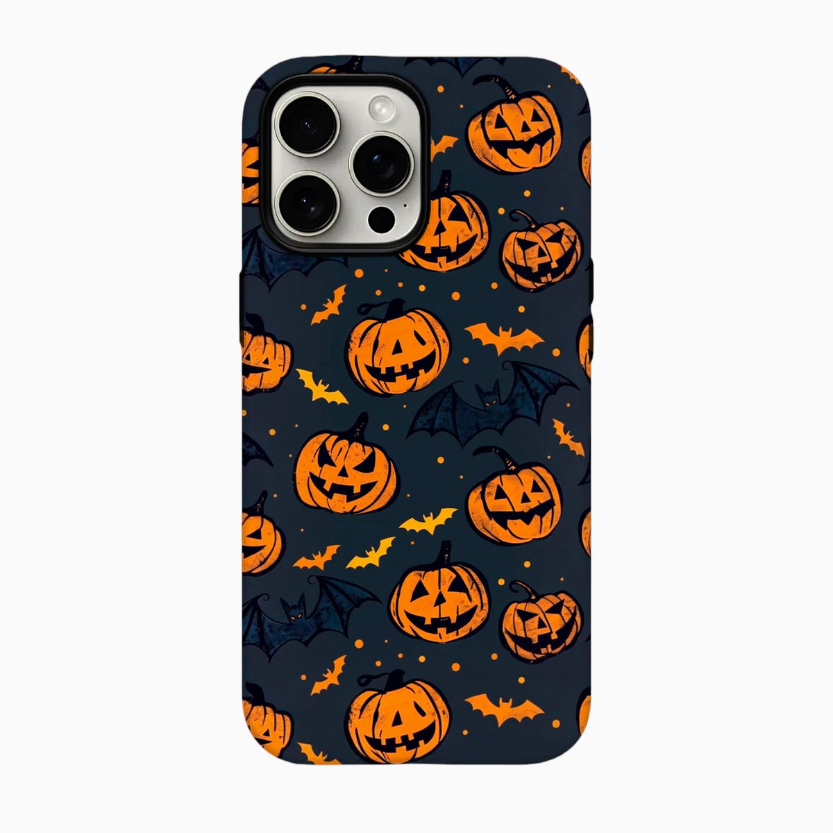 Estampado Halloween retro de calabazas sonrientes y murciélagos naranjas y azul oscuro.