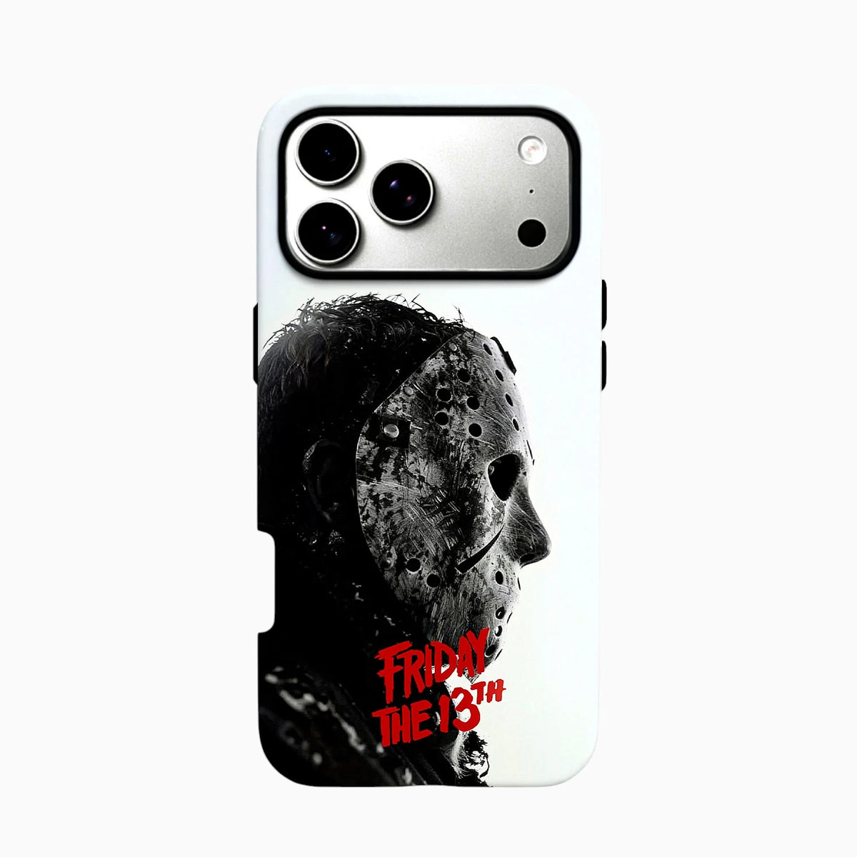 Carcasa Jason Voorhees para iPhone con máscara de hockey en blanco y negro y título rojo de Viernes 13.