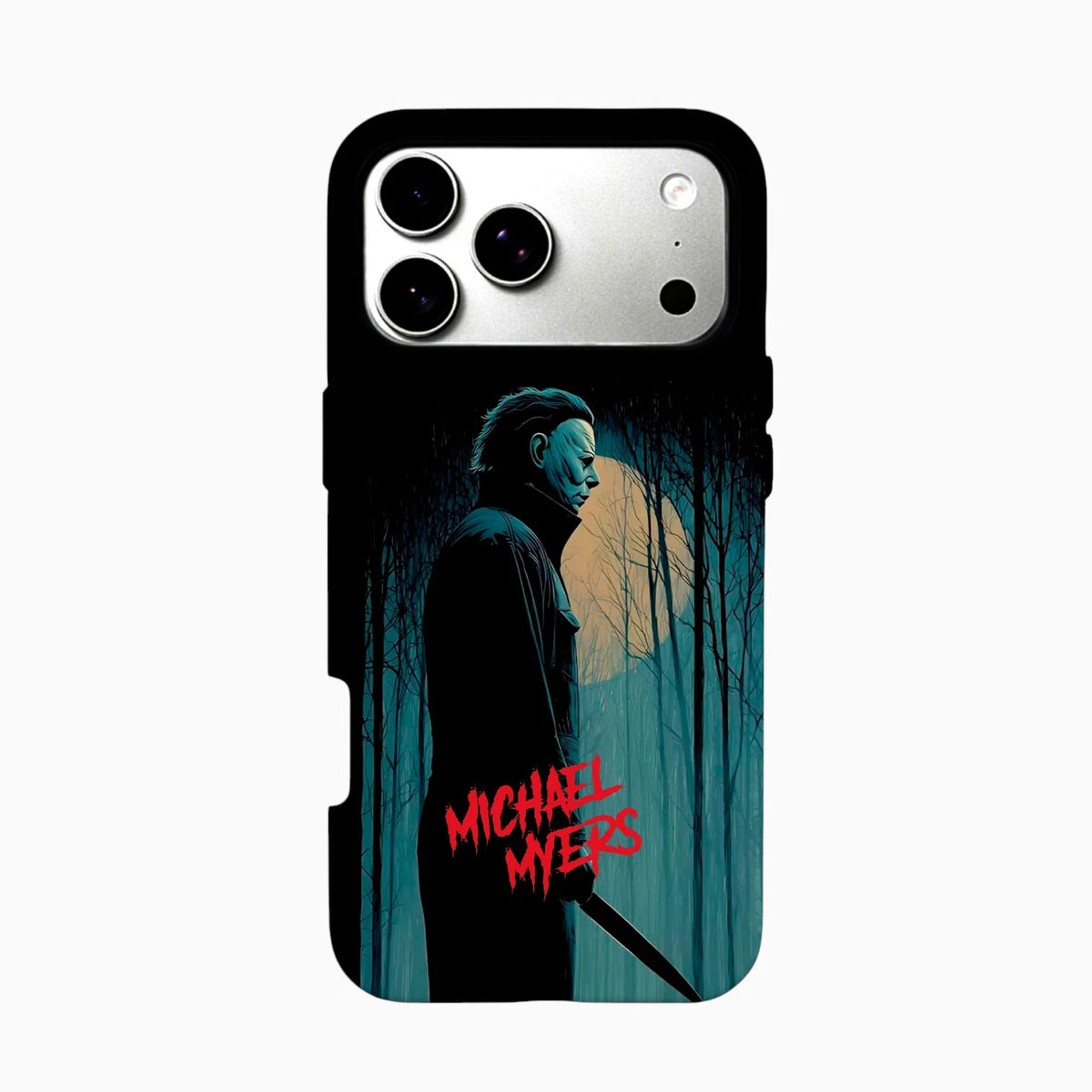 Vista de doble capa de la carcasa Michael Myers para iPhone con interior de silicona y exterior resistente de alta protección.