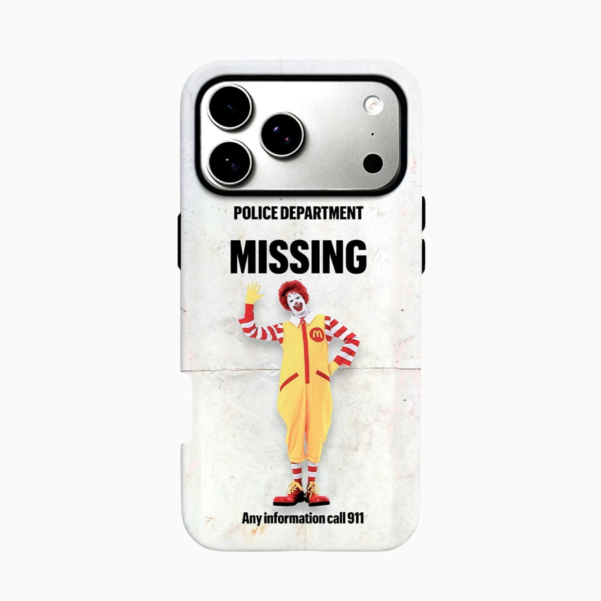 Carcasa Missing Clown para iPhone con diseño creepy estilo póster de desaparecido y payaso de comida rápida sobre fondo blanco.