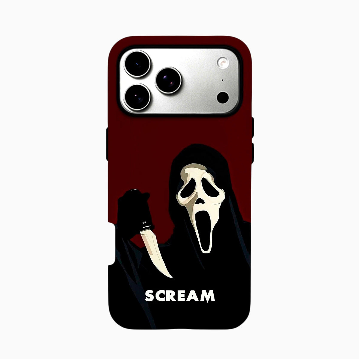Carcasa SCREAM para iPhone con diseño de Ghostface sosteniendo un cuchillo sobre fondo rojo.