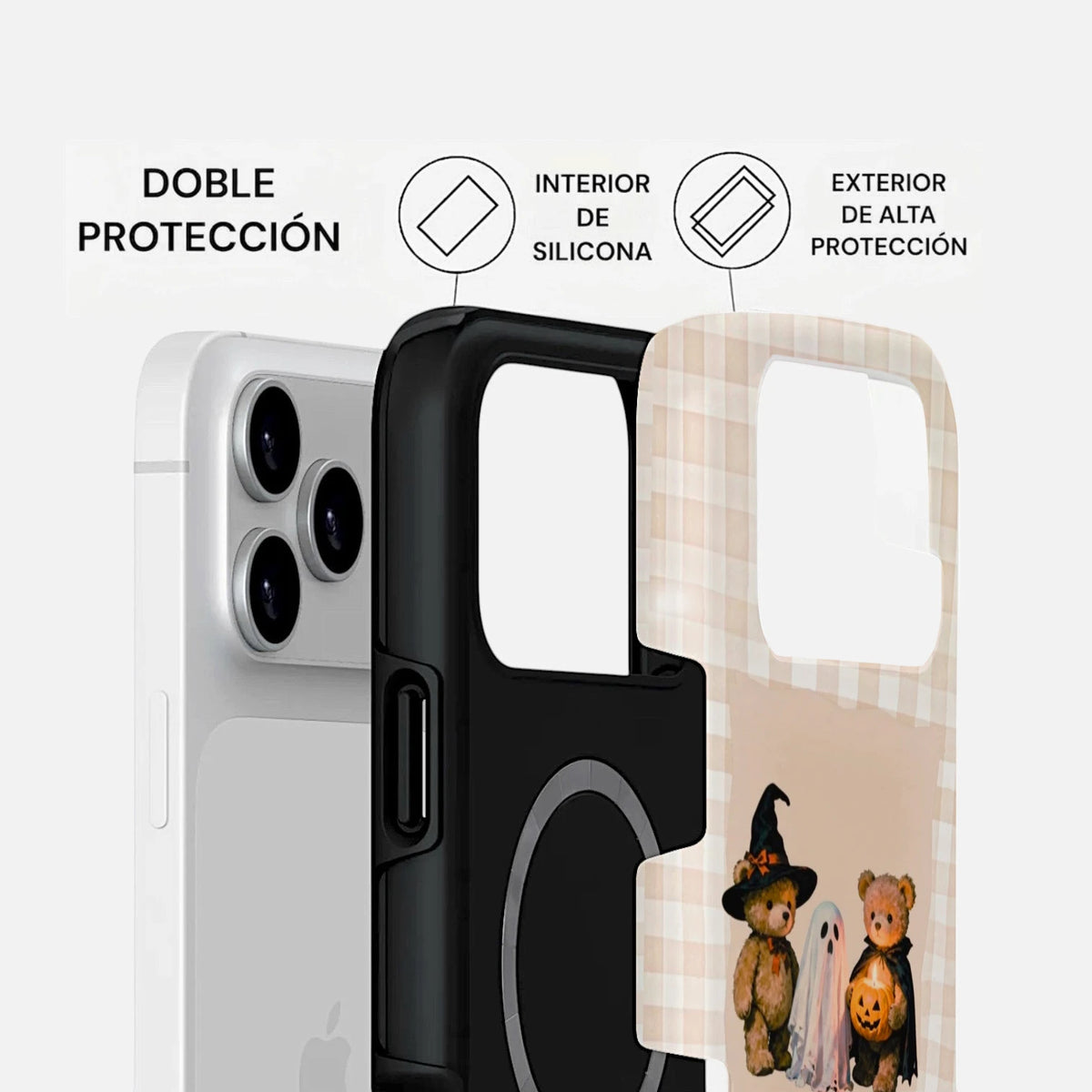 Vista de las capas de la carcasa Ositos y Fantasmitas para iPhone, con interior de silicona y cubierta exterior protectora.