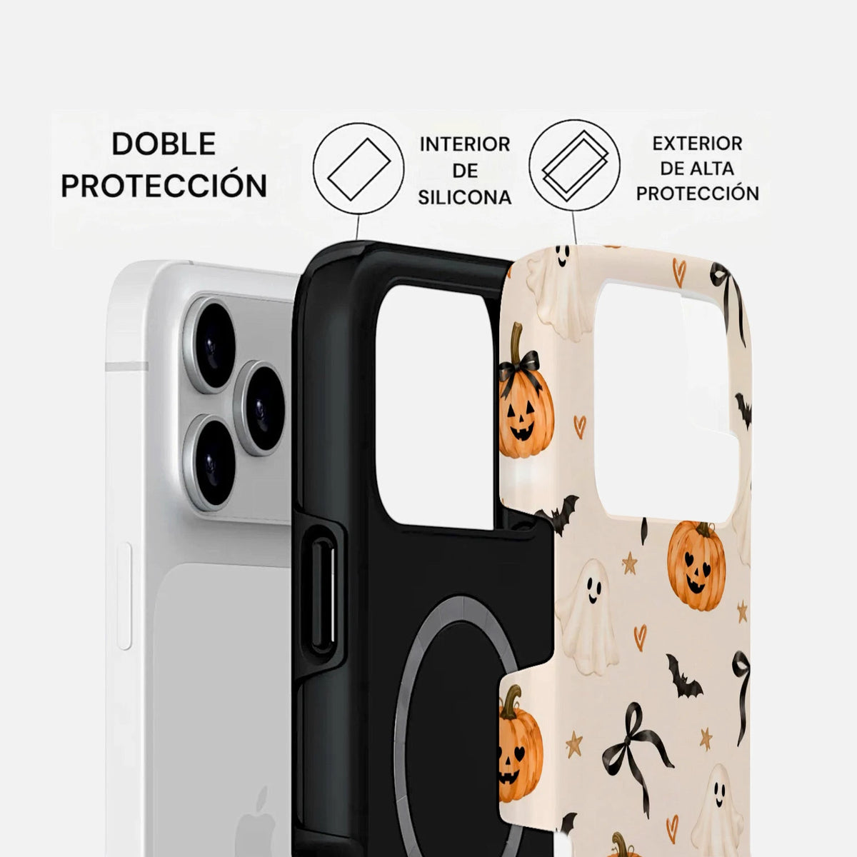 Carcasa Two Protect para iPhone con diseño de fantasmas y calabazas, mostrando interior de silicona y cubierta exterior resistente.
