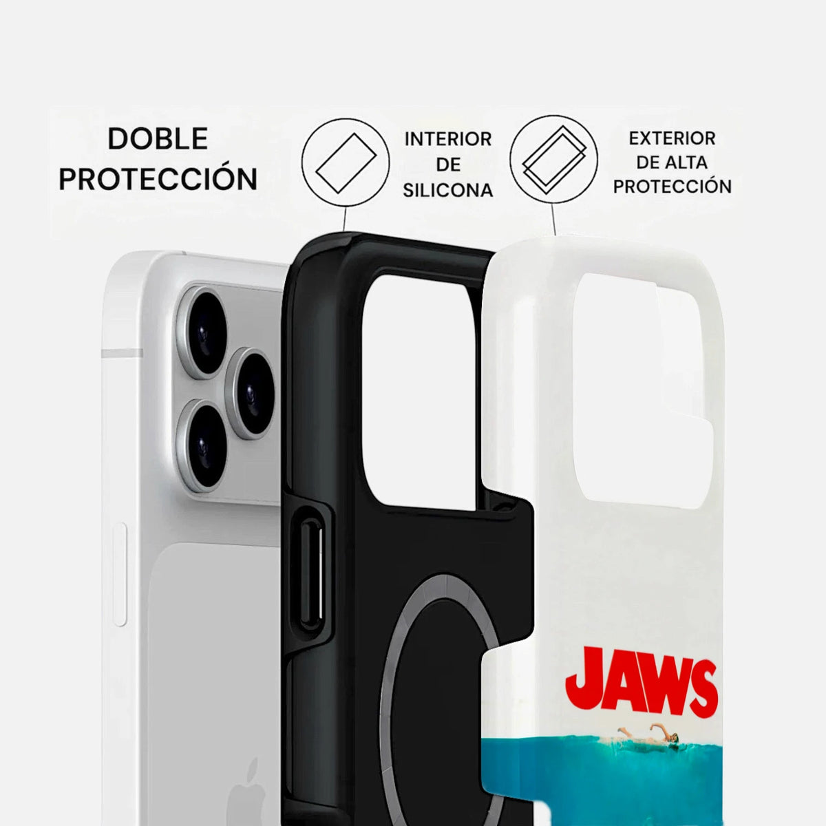 Vista desglosada de la carcasa JAWS para iPhone con capa interior negra de silicona y cubierta exterior blanca con diseño de Tiburón.