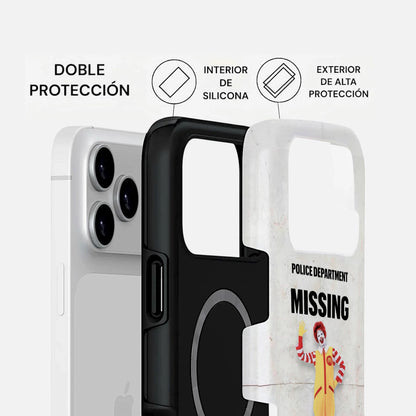 Vista de la carcasa Missing Clown Two Protect para iPhone con estructura de doble capa e interior de silicona resistente.