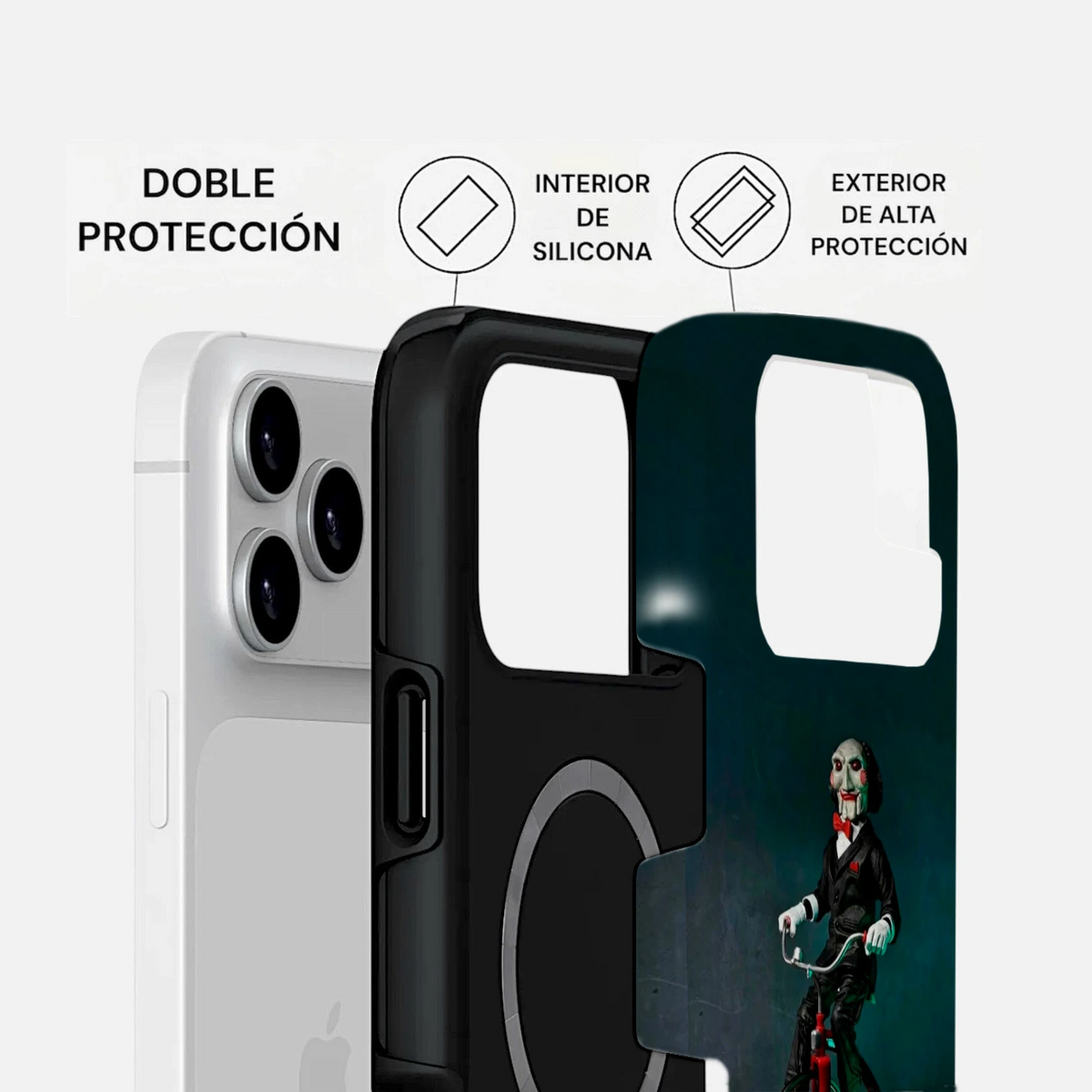 Vista desglosada de la carcasa SAW Two Protect para iPhone con interior negro de silicona y cubierta exterior con diseño de Billy en triciclo.