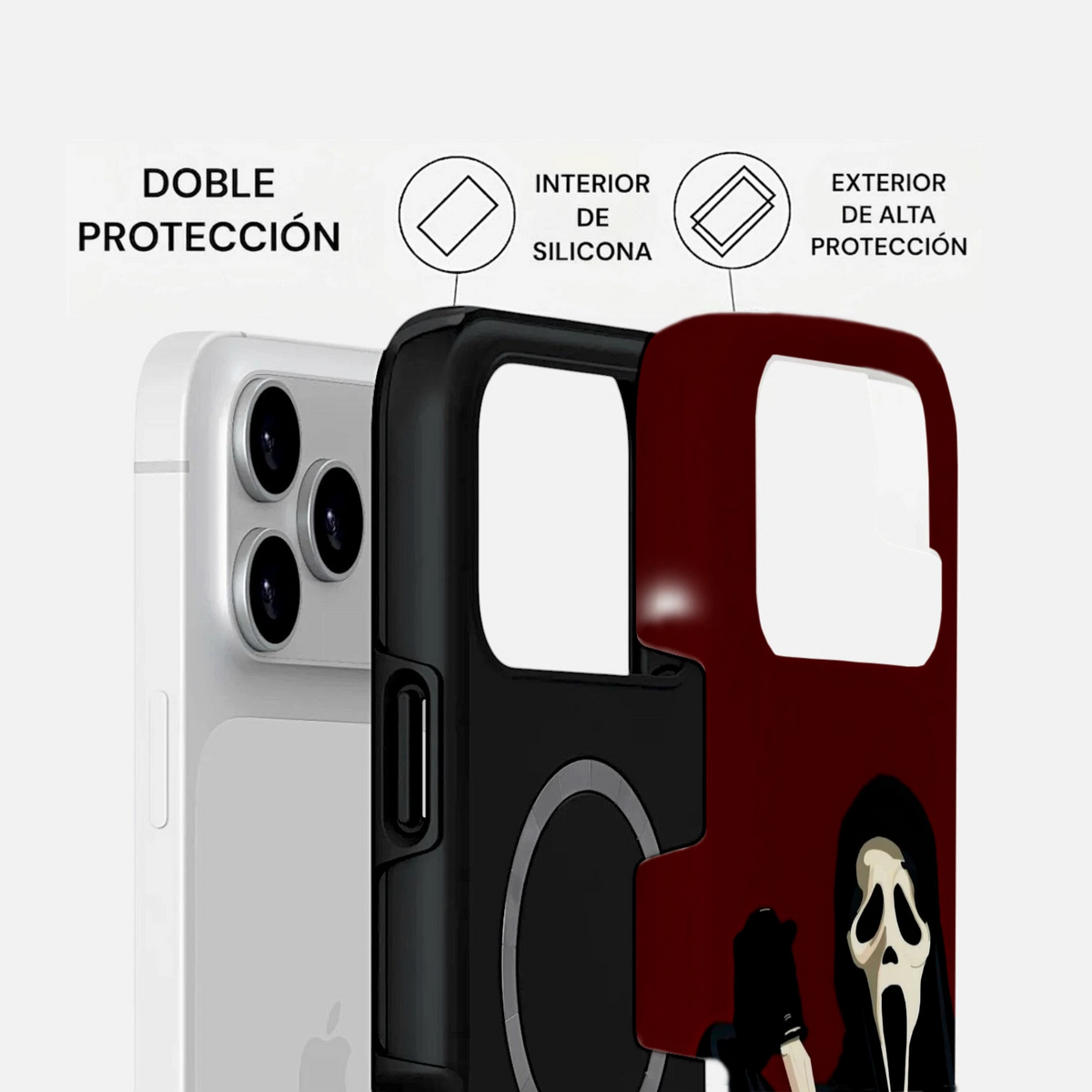 Vista de la carcasa SCREAM Ghostface para iPhone con estructura Two Protect de doble capa e interior de silicona.