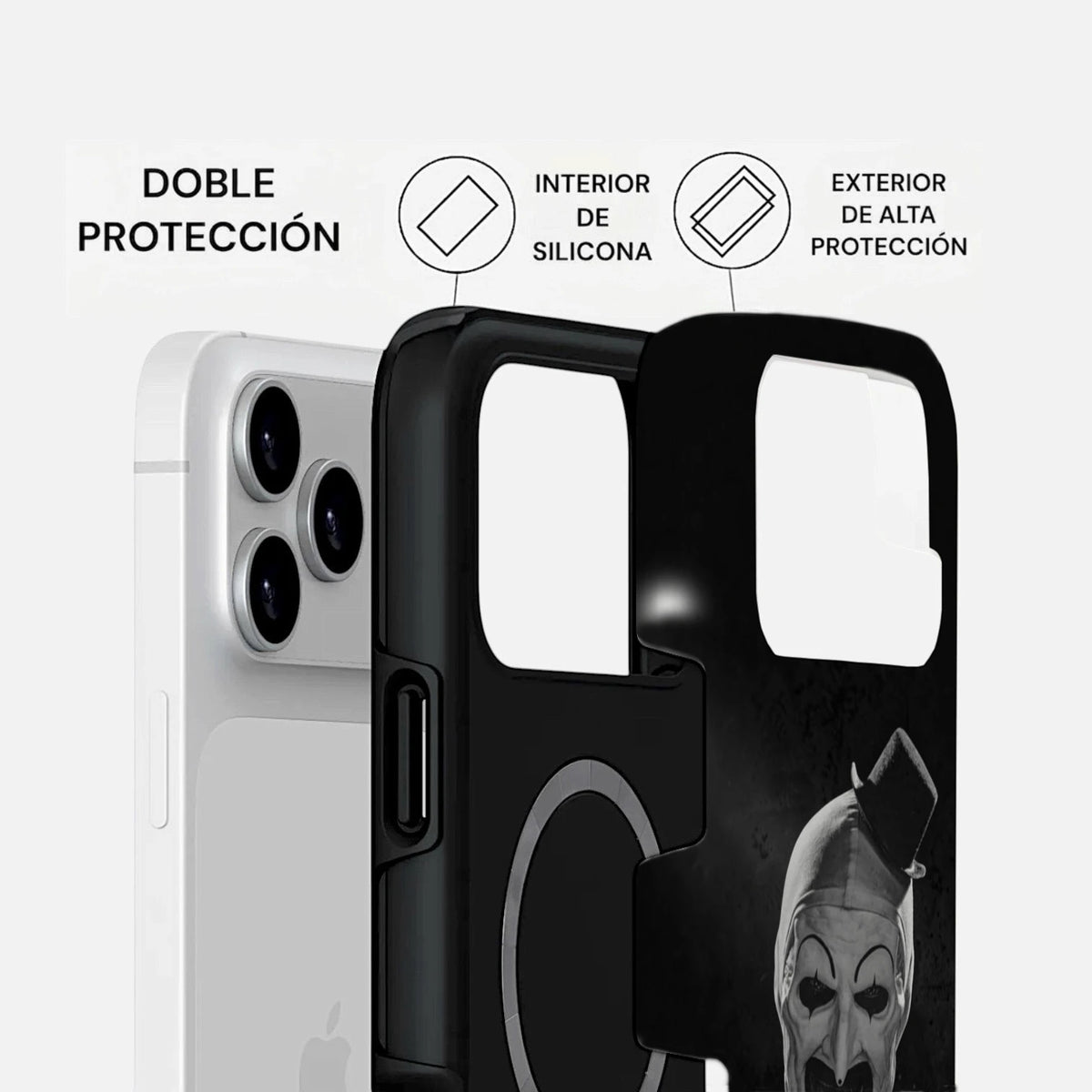 Vista de la carcasa TERRIFIER para iPhone con estructura Two Protect de doble capa.