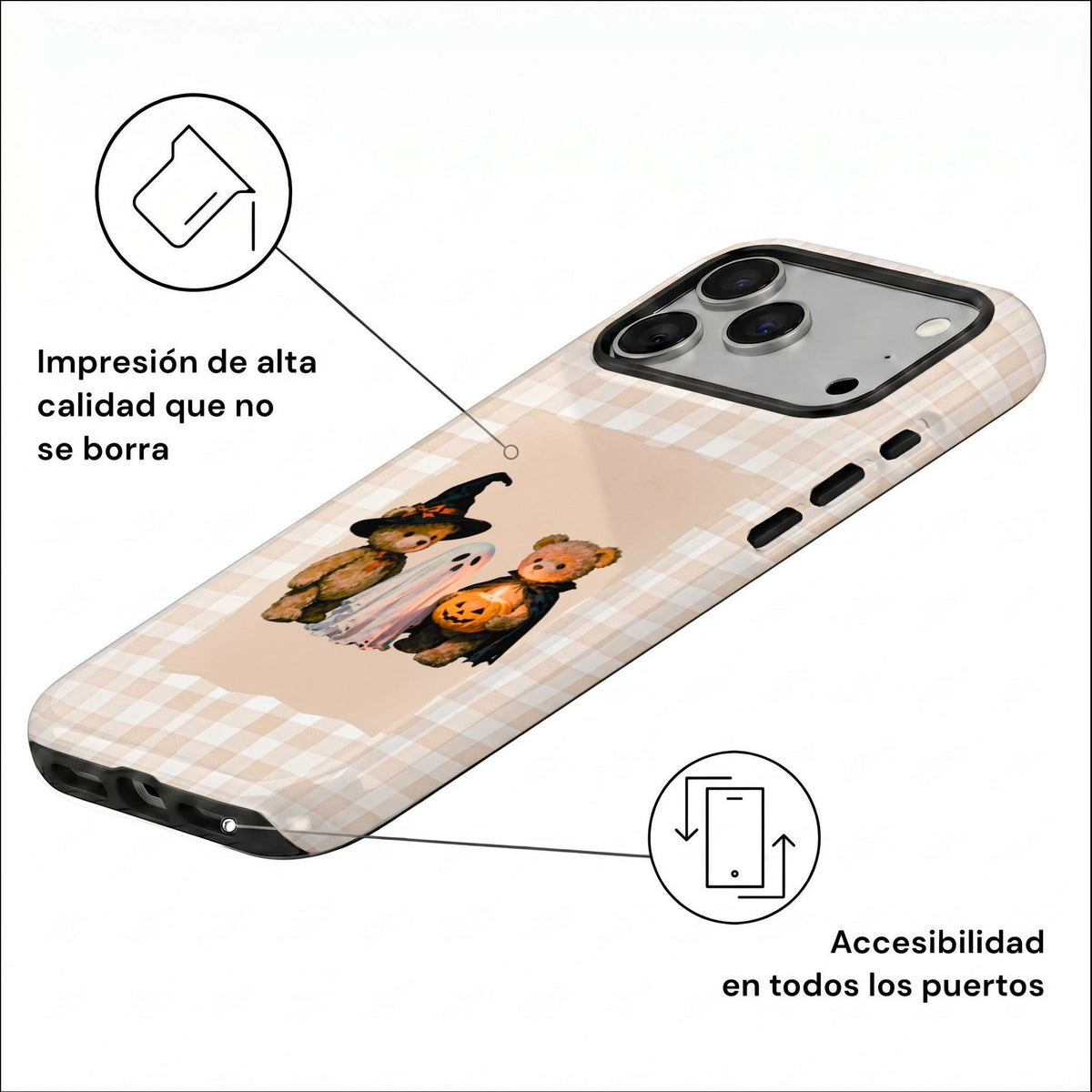 Vista inclinada de funda Halloween Cute para iPhone con diseño vintage de dos ositos y un fantasma sobre cuadros beige.