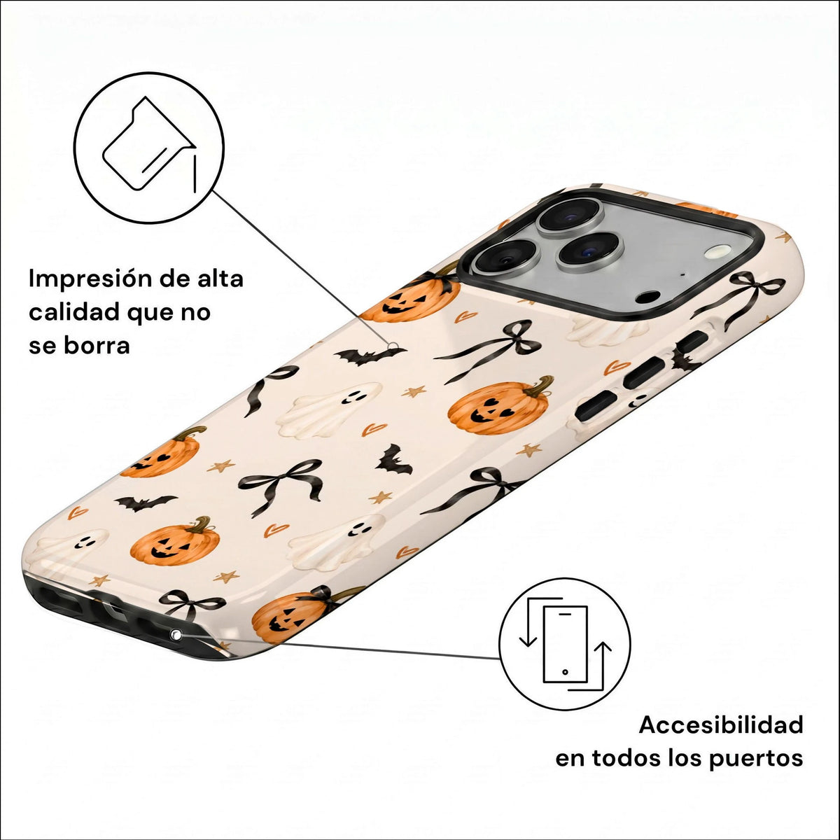 Vista lateral inclinada de carcasa Halloween Cute para iPhone con estampado de fantasmas, calabazas y murciélagos.