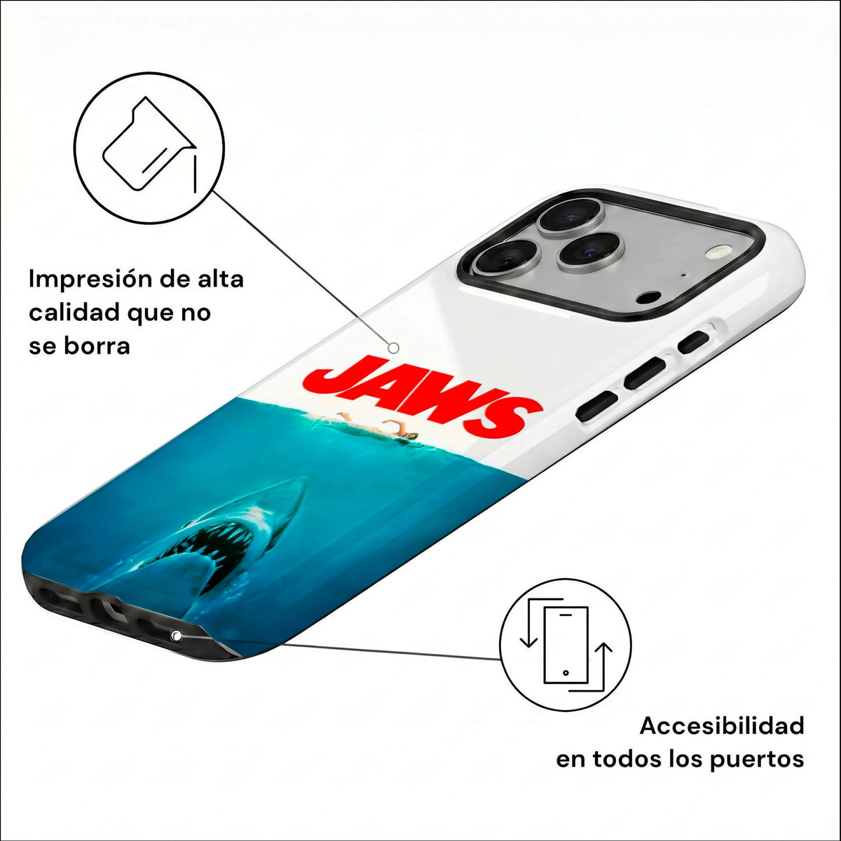 Vista inclinada de la carcasa JAWS Two Protect para iPhone, con impresión de alta definición y acceso a los botones y puertos.