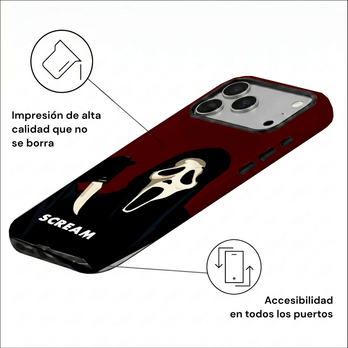 Vista inclinada de la carcasa SCREAM Ghostface para iPhone con impresión HD, acceso a botones laterales y puertos.