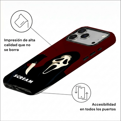 Vista inclinada de la carcasa SCREAM Ghostface para iPhone con impresión HD, acceso a botones laterales y puertos.