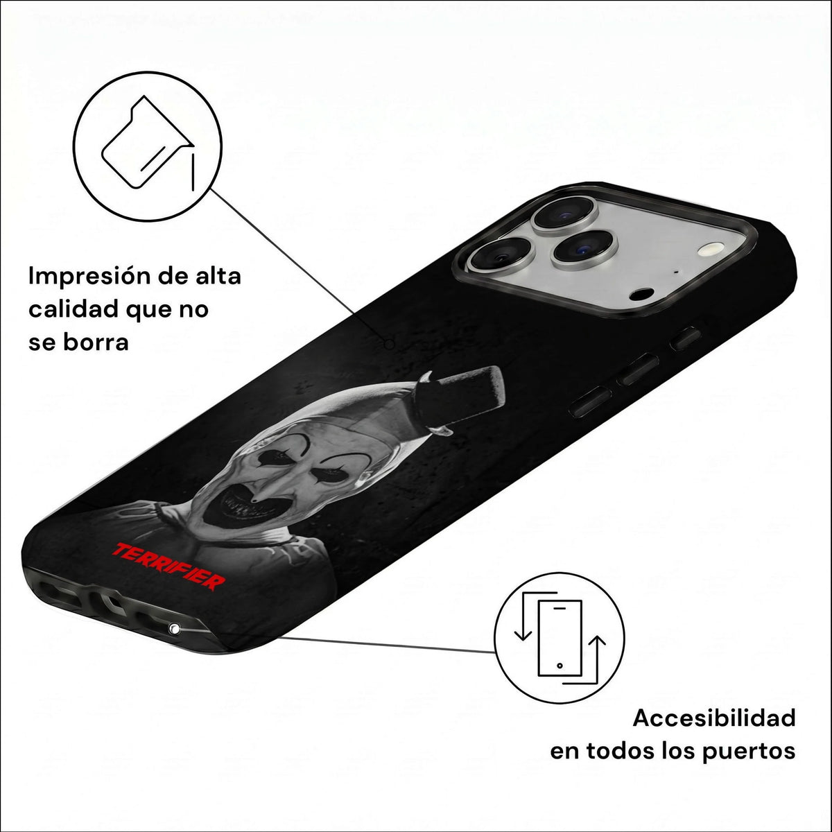 Vista inclinada de la carcasa TERRIFIER para iPhone con impresión de alta calidad y acceso a todos los puertos.
