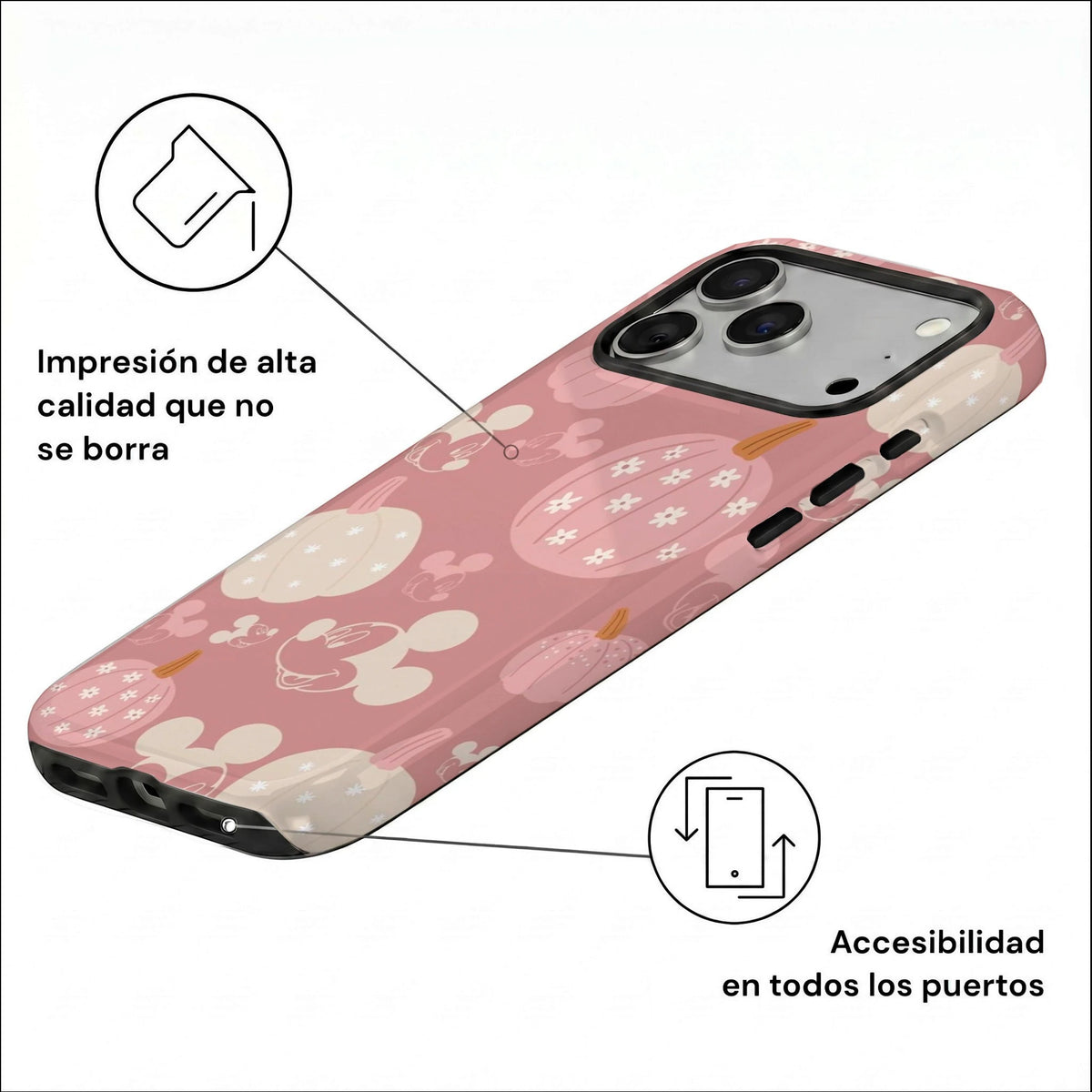 Vista inclinada de funda para iPhone con diseño Halloween Cute en rosa pastel y calabazas decorativas.